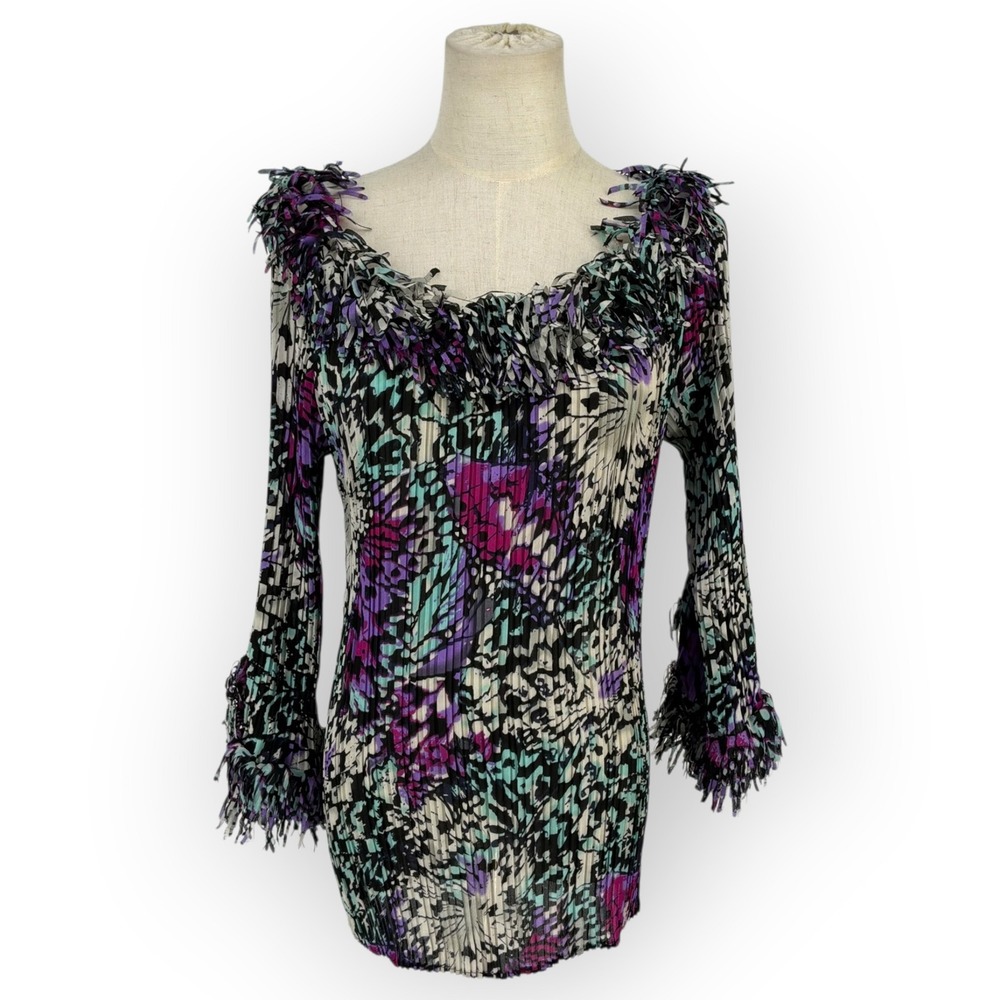 Violin Pleated Abstract Print Blouse Purple Teal Fringe Trim Bell Sleeve Medium